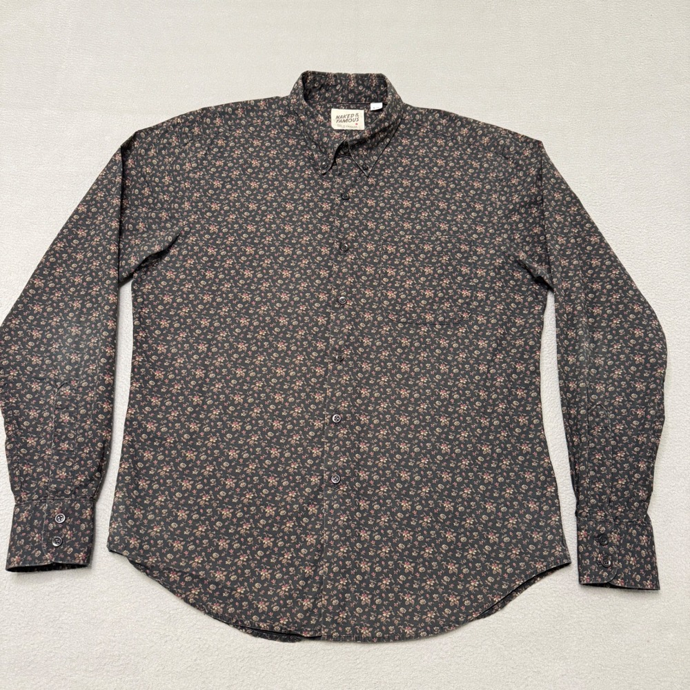 Naked & Famous Shirt Mens Large Black Floral Japanese Fabric Cotton Button Down